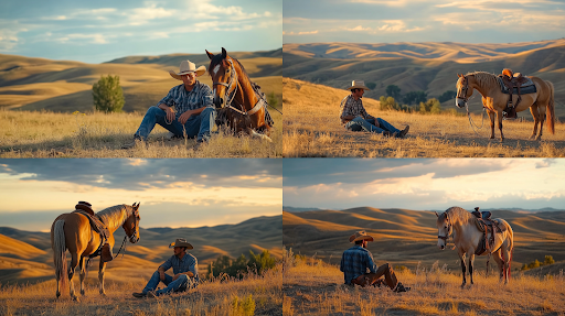 AI-generated horse and man in landscape for visual campaigns